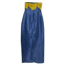 Pre Owned Oscar de la Renta Midnight Blue Silk Sequin Embellished Strapless Gown S