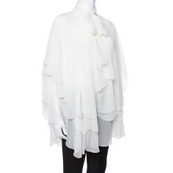 Pre Owned Oscar de la Renta Off White Silk Layered Tie Detail Blouse L