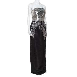 مملوكة مسبقًا Oscar de la Renta Black Silk Sequin Embellished Strapless Gown L