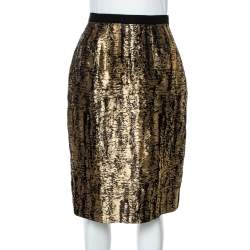 Pre Owned Oscar de la Renta Metallic Black/White Jacquard Knee Length Skirt M