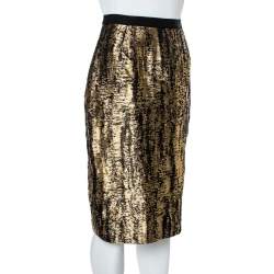 Pre Owned Oscar de la Renta Metallic Black/White Jacquard Knee Length Skirt M