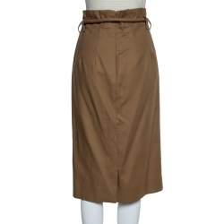 Pre Owned Oscar de la Renta Beige Cotton Paper Bag Waist Belted Midi Skirt M