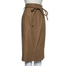 Pre Owned Oscar de la Renta Beige Cotton Paper Bag Waist Belted Midi Skirt M