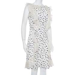 Oscar de la Renta White Painted Effect Lace Ruffle Detail Short Dress M