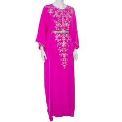 Pre Owned Oscar de la Renta Fuschia Pink Silk Embroidered Detail Belted Maxi Dress M
