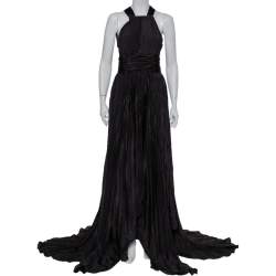Pre Owned Oscar de la Renta Black Silk Plissé Asymmetrical Hem Detail Flared Gown M