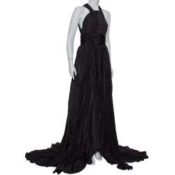 Pre Owned Oscar de la Renta Black Silk Plissé Asymmetrical Hem Detail Flared Gown M