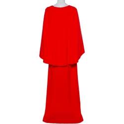 Pre Owned Oscar de la Renta Red Silk Crepe Cape Detail Gown M