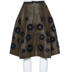 Pre Owned Oscar de la Renta Olive Green Silk Sequin Embellished Pleated Skirt S