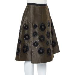 Pre Owned Oscar de la Renta Olive Green Silk Sequin Embellished Pleated Skirt S