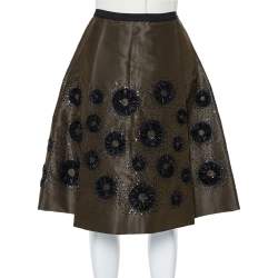 Pre Owned Oscar de la Renta Olive Green Silk Sequin Embellished Pleated Skirt S