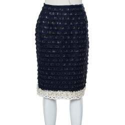 Pre Owned Oscar de la Renta Navy Blue Synthetic & Faux Leather Trim Pencil Skirt M