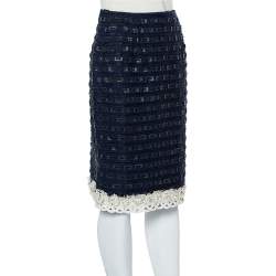 Pre Owned Oscar de la Renta Navy Blue Synthetic & Faux Leather Trim Pencil Skirt M