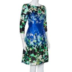 Pre Owned Oscar de la Renta Multicolor Floral Printed Silk & Cotton Sheath Dress S