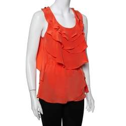 Oscar de la Renta Orange Ruffled Silk Sleeveless Top S
