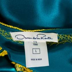 Oscar de la Renta Green Silk Satin Embellished Neck Detail Oversized Top L