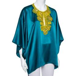 Oscar de la Renta Green Silk Satin Embellished Neck Detail Oversized Top L