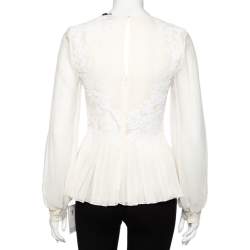 مملوكة مسبقًا Oscar de la Renta Cream Silk Plisse Lace Detail Long Sleeve Blouse S