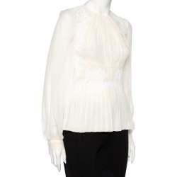 مملوكة مسبقًا Oscar de la Renta Cream Silk Plisse Lace Detail Long Sleeve Blouse S