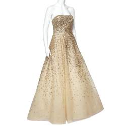 Pre Owned Oscar de la Renta Gold Embellished Tulle Strapless Gown M