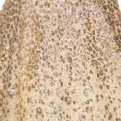 Pre Owned Oscar de la Renta Gold Embellished Tulle Strapless Gown M