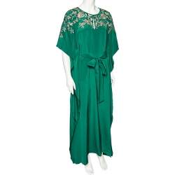 Pre Owned Oscar de la Renta Green Silk Embellished Belted Kaftan Dress M