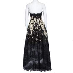 Pre Owned Oscar de la Renta Black & Gold Embroidered Tulle Strapless Gown S