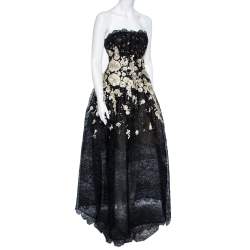 Pre Owned Oscar de la Renta Black & Gold Embroidered Tulle Strapless Gown S