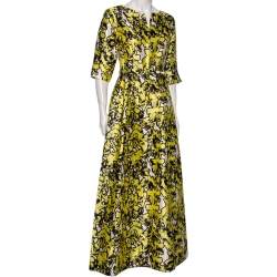 مملوكة مسبقًا فستان أوسكار دي لا رينتا حزام حرير مطبوع أصفر مقاس متوسط