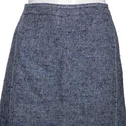 Pre Owned Oscar de la Renta Blue Silk & Linen Lace Trimmed Skirt MTO