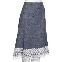 Pre Owned Oscar de la Renta Blue Silk & Linen Lace Trimmed Skirt MTO