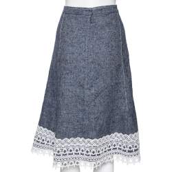 Pre Owned Oscar de la Renta Blue Silk & Linen Lace Trimmed Skirt MTO