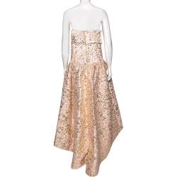 Pre Owned Oscar De La Renta Pink and Gold Brocade Strapless Asymmetrical Gown S
