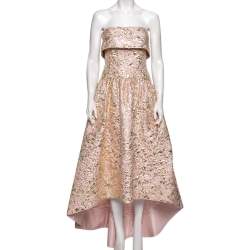 Pre Owned Oscar De La Renta Pink and Gold Brocade Strapless Asymmetrical Gown S