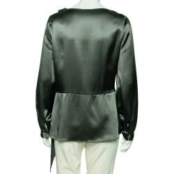 Pre Owned Oscar de la Renta Dark Green Satin Draped Top L