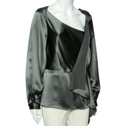 Pre Owned Oscar de la Renta Dark Green Satin Draped Top L