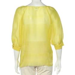 Oscar De La Renta Yellow Silk Organza Ruffle Detail Sheer Top L