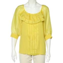 Oscar De La Renta Yellow Silk Organza Ruffle Detail Sheer Top L