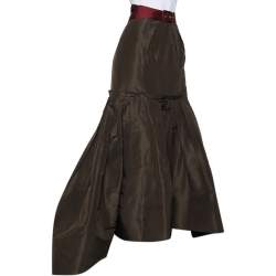 Pre Owned Oscar de la Renta Brown Silk Taffeta Pleated Detail Maxi Skirt L