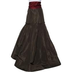 Pre Owned Oscar de la Renta Brown Silk Taffeta Pleated Detail Maxi Skirt L