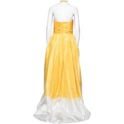 Pre Owned Oscar de la Renta Yellow Dip-Dyed Silk Taffeta Ruched Strapless Gown L