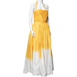 Pre Owned Oscar de la Renta Yellow Dip-Dyed Silk Taffeta Ruched Strapless Gown L