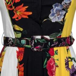 Oscar de la Renta Multicolor Floral Printed Cotton Pleated and Button Front Belted Midi Dress XS