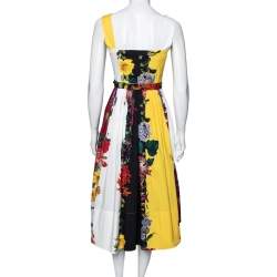 Oscar de la Renta Multicolor Floral Printed Cotton Pleated and Button Front Belted Midi Dress XS