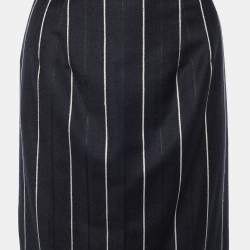 Pre Owned Oscar de la Renta Navy Blue & White Striped Midi Skirt S