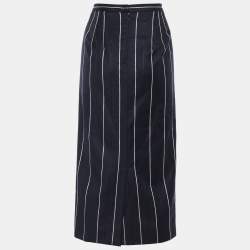 Pre Owned Oscar de la Renta Navy Blue & White Striped Midi Skirt S