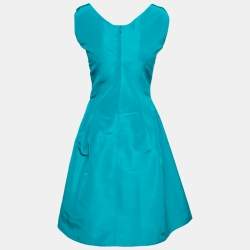 Oscar de la Renta Teal Silk Sleeveless Pleated Dress M