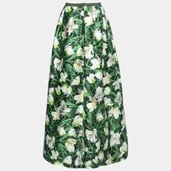Pre Owned Oscar de la Renta Green Floral Printed Silk & Wool Maxi Skirt M