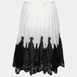 Pre Owned Oscar de la Renta Ivory Silk Lace Applique Pleated Skirt L