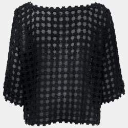 Pre Owned Oscar de la Renta Black Floral Guipure Lace Silk Top XL